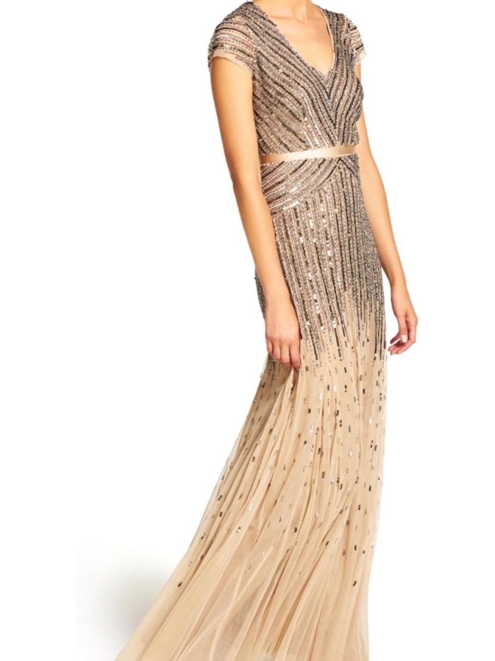 ADRIANNA PAPELL Sequin beaded V neck gown Size 2